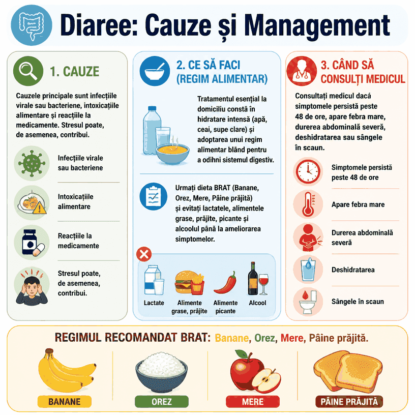 Infografic diaree: cauze, regim alimentar, semnale când să consultați medicul și regimul BRAT (banane, orez, mere, pâine prăjită).