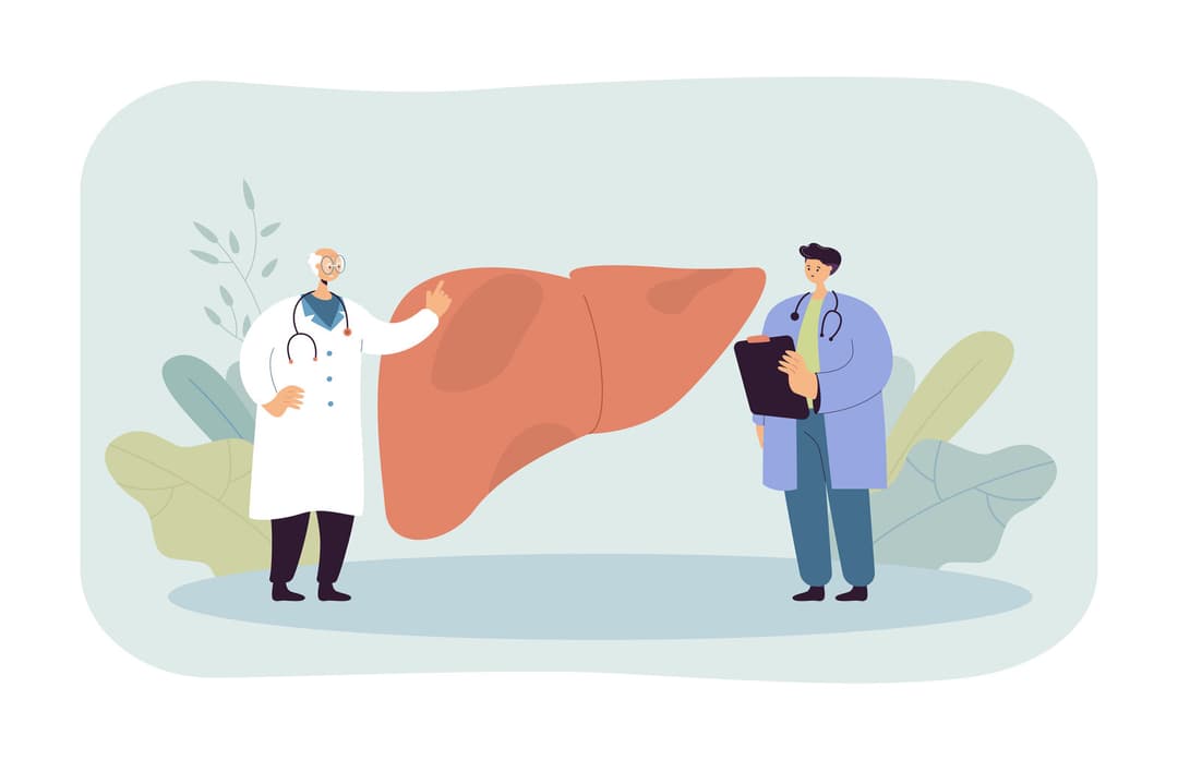 Ilustrație pentru articolul despre icter: doi medici analizează o reprezentare stilizată a ficatului, organul implicat în apariția icterului (îngălbenirea pielii și a ochilor), pe un fundal botanic în tonuri calde.