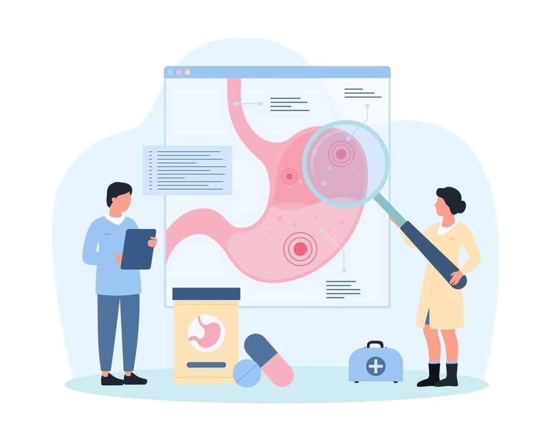 Ilustrație stilizată a stomacului examinat cu o lupă, evocând gastrita și infecția cu Helicobacter pylori.